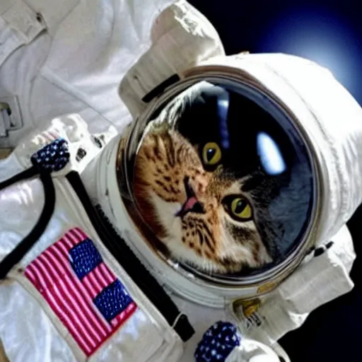 Prompt: a cat astronaut : 5 0 in space looking at the moon : 1 0 0