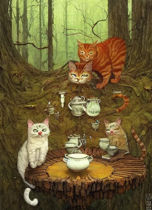 Image similar to cat having tea at a shrine in the woods gorgeous lighting, lush forest foliage a hyper realistic painting by chiara bautista and beksinski and norman rockwell and greg rutkowski weta studio, and lucasfilm