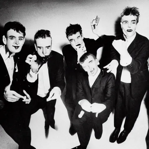 Prompt: A photograph of the New Zealand band Split Enz putting their middle fingers up at the camera