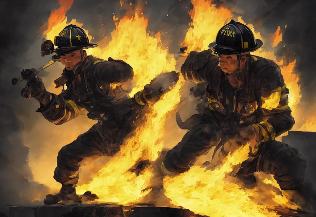 Image similar to one heroic firefighter in action in black and yellow uniform, fire flames, sharp details, sharp focus, realistic, highly detailed, illustration, by jordan grimmer and greg rutkowski and pine ( ハイネ ) and 薯 子 imoko and 香 川 悠 作 and wlop and maya takamura, intricate