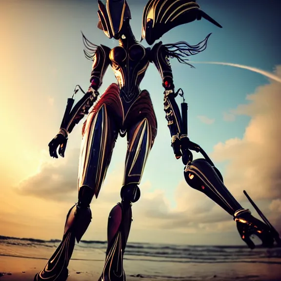 Image similar to looking up at a highly detailed 300 foot tall giant elegant exquisite beautiful stunning valkyr female warframe, as an anthropomorphic robot dragon, posing elegantly over your tiny form, detailed legs looming over you, camera on the ground, at the beach on a sunset, sleek streamlined design, matte black armor with pink accents, sharp detailed claws, detailed sharp robot dragon feet, worms eye view in front of giantess, giantess shot, camera close to the legs, upward shot, ground view shot, leg shot, front shot, epic cinematic shot, high quality warframe fanart, captura, realistic, professional digital art, high end digital art, furry art, giantess art, anthro art, DeviantArt, artstation, Furaffinity, 8k HD render, epic lighting