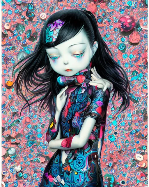 Image similar to james jean isolated deepdream vinyl figure harajuku style boy girl character design, figure photography, dynamic pose, holographic undertones, glitter accents on figure, anime stylized, accurate fictional proportions, high delicate defined details, ethereal lighting