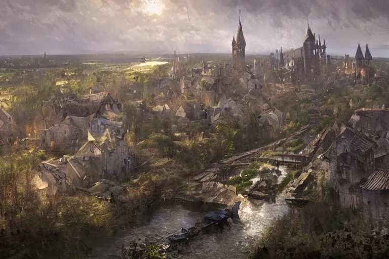 Prompt: airborne view of a downtrodden medieval town by a river in a swamp, 4k, by Greg Rutkowski, fantasy, mix of celtic and Rus architecture, cinematic