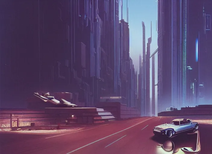 Image similar to a car driving down a street next to tall buildings the night at 8:00 am, cyberpunk art by Chesley Bonestell, cgsociety, retrofuturism, matte painting, reimagined by industrial light and magic