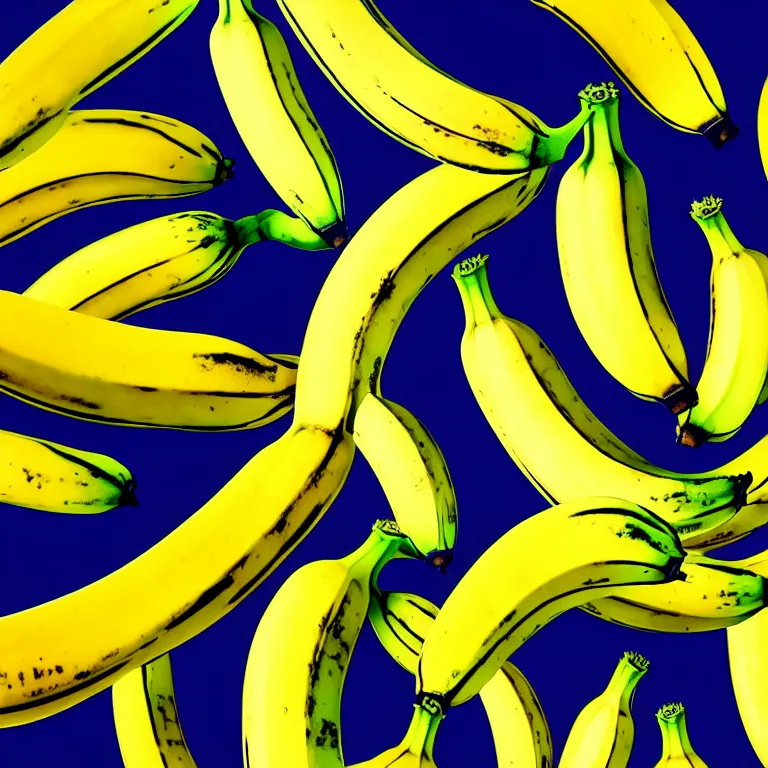 Prompt: bananas by andy warhol emerging from illusory motion dazzle camouflage perlin noise optical illusion