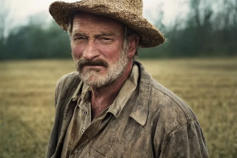 Image similar to a cinematic headshot portrait of a farmer, stood outside a wooden cabin, movie still, shallow depth of field, ultra realistic, dramatic lighting, by annie leibovitz