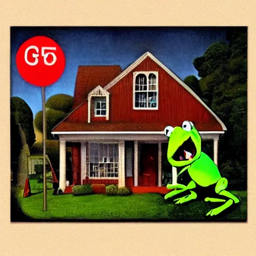 Image similar to kermit and elmo in the style of american gothic by grant wood