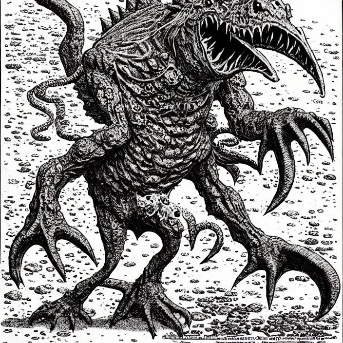 Image similar to オクタロック spitting rocks, as a d & d monster, pen - and - ink illustration, etching, by russ nicholson, david a trampier, larry elmore, 1 9 8 1, hq scan, intricate details, high contrast