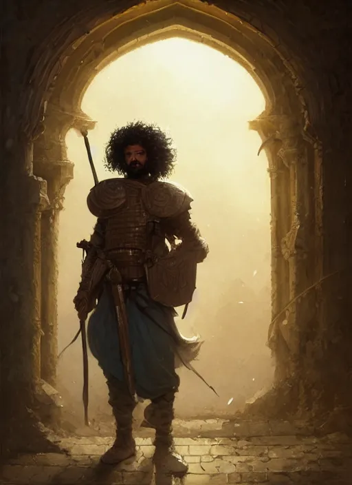 Prompt: highly detailed portrait arab man curly hair knight, hero, yellow charcoal, stephen bliss, 8 k, unreal engine, fantasy art by greg rutkowski, loish, rhads, ferdinand knab, makoto shinkai and lois van baarle, ilya kuvshinov, rossdraws, tom bagshaw, global illumination, radiant light, detailed and intricate environment