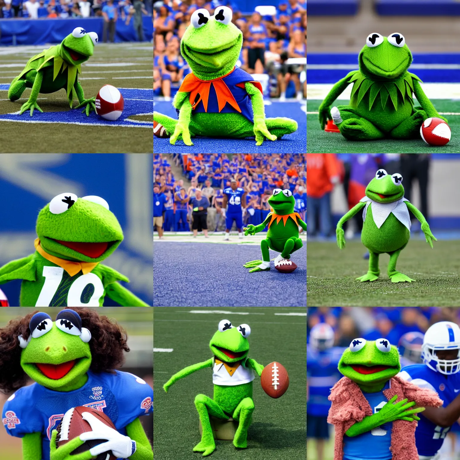Prompt: Kermit the frog playing football for boise state university