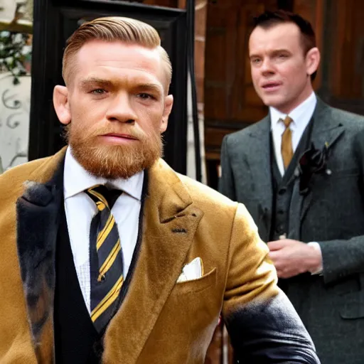 Image similar to clean shaven mcgregor is dressed as a gentleman at early 2 0 th century paris. he is watching an easel. that easel has a canvas on it. ewan mcgregor has a brush on his hand. he is painting a painting. there is a small brown cat with yellow eyes on ewan mcgregors feet. ewan mcgregor ´ s back