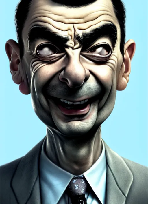 Image similar to highly detailed pencil sketch caricature portrait of mr bean gangster by ross tran, by greg rutkowski, brush strokes, 4 k resolution, light blue pastel background