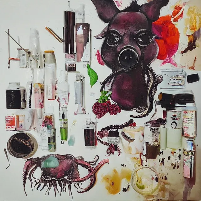 Image similar to “ a portrait in a female art student ’ s apartment, a pig theme, syringe, anaesthesia, art supplies, surgical iv drip, octopus, ikebana, herbs, a candle dripping white wax, squashed berries, berry juice drips, acrylic and spray paint and oilstick on canvas, surrealism, neoexpressionism ”