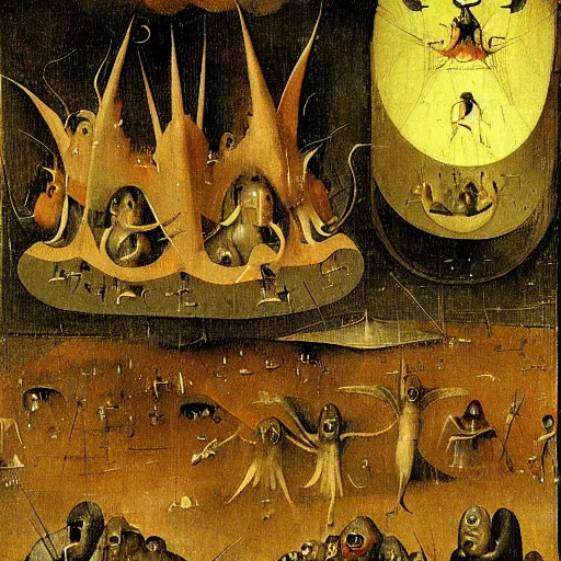 Prompt: vision of hell with winged demons flying over the flames art by hieronymus bosch