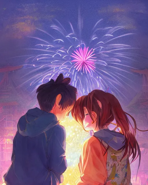 Image similar to beautiful anime painting of a boy and a girl from behind at a shinto shrine looking up at the night sky illuminated by colorful new years fireworks, by WLOP and Slawek Fedorczuk and rossdraws, trending on artstation, concept art