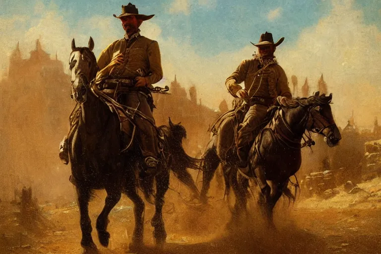 Prompt: close up portrait of rugged sheriff riding his horse through a busy old - west town, detailed, volumetric lighting, cinematic, in the style of fredrick remington, gaston bussiere