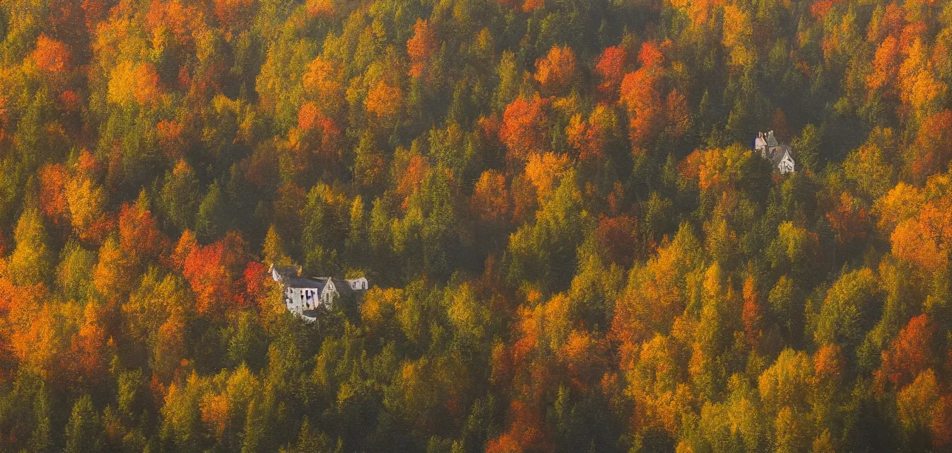 Image similar to a painting of sparse stone cottages underneath a dense tall forest, with pristine reflex from cascading ponds. gorgeous, elegant, sophisticated, an ultrafine painting, intricate brush strokes, bright depth oil colors, photography by araken alcantara. mist diffuse promiseful illumination, autumn sunrise warm light, detailed and intricate environment of hopeful bodyscapes