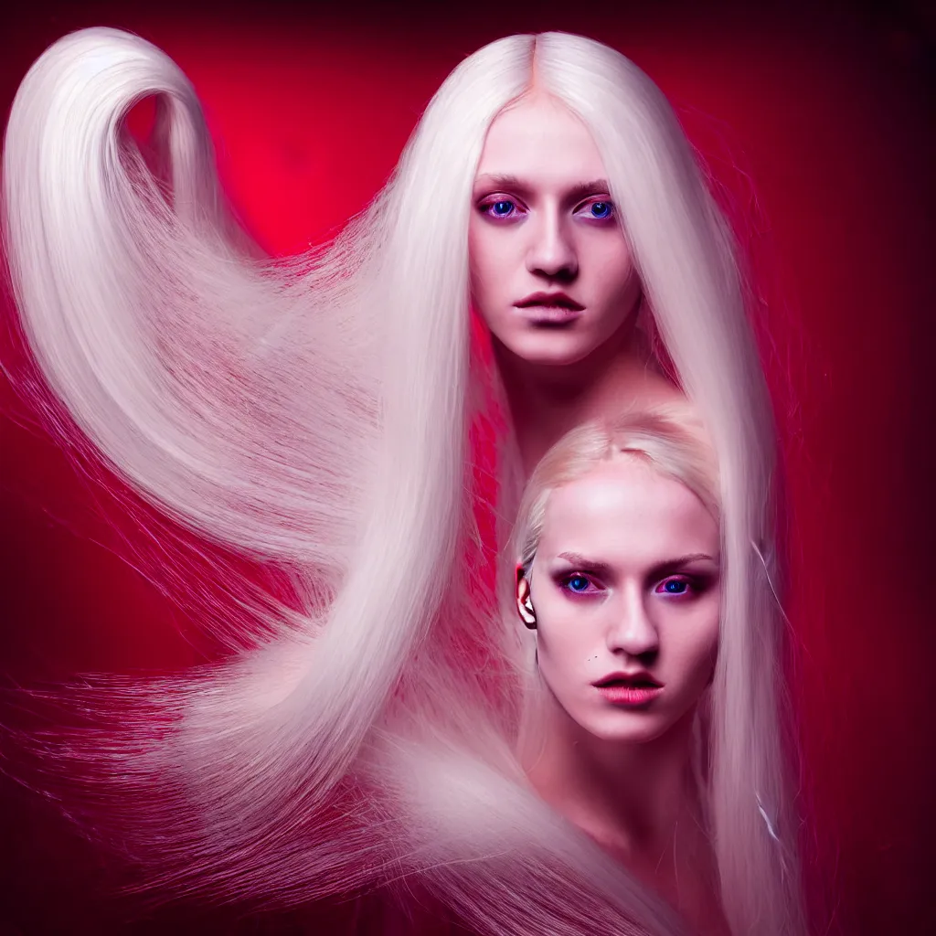 Prompt: a young woman with long blond hair dressed in long white, fine art photography light painting in style of Paolo Roversi, professional studio lighting, dark red background, hyper realistic photography, fashion magazine style