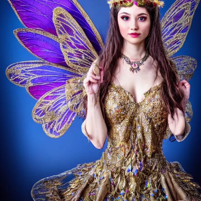 Image similar to full length photo of a very beautiful!! fairy queen with ornate sparkling robes, highly detailed, 4 k, hdr, smooth, sharp focus, high resolution, award - winning photo