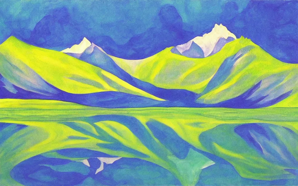 Prompt: the alps and reflection in a lake in the style of georgia o keeffe. colorful, wavy. painting. medium long shot. perspective. color palette of blue, yellow, purple, green. alpenguhen