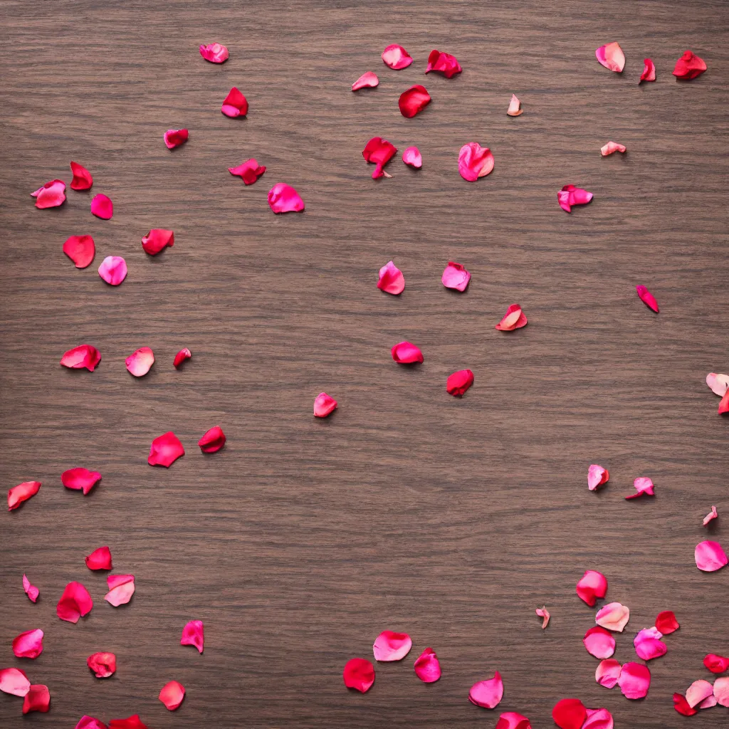 Prompt: top down view with rose petals on top of wooden table, wallpaper, 4k, photorealistic