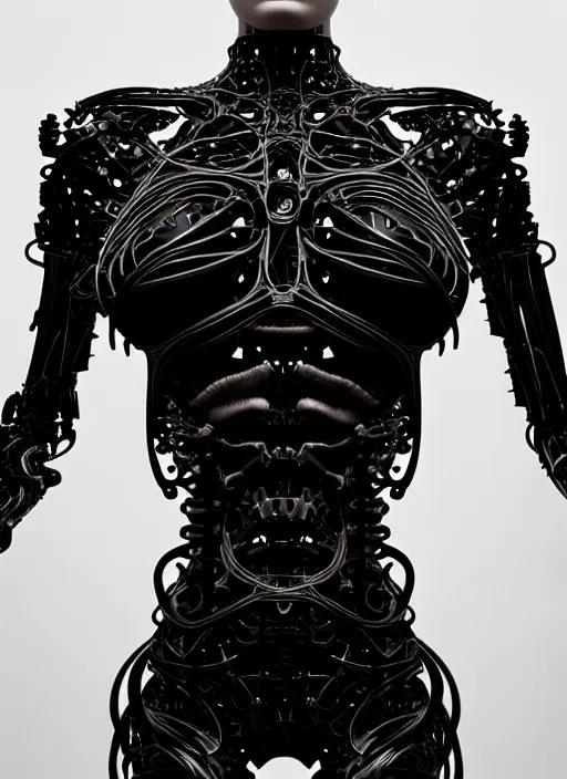 Prompt: organic cyborg full frontal torso close-up, vivid blackest black satin plastic, diffuse lighting, fantasy, intricate, elegant, highly detailed, lifelike, photorealistic, digital painting, artstation, illustration, concept art, smooth, sharp focus, art by John Collier and Albert Aublet and Krenz Cushart and Artem Demura and Alphonse Mucha