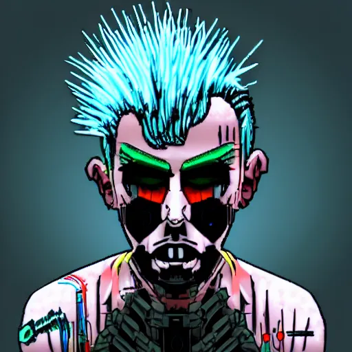 Image similar to neonpunk anarchist with mohawk and cyber implants on face, fuming, angry, grinning, pixel art