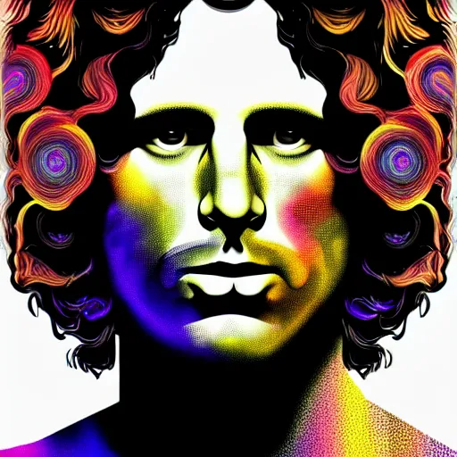 Prompt: An extremely psychedelic portrait of Jim Morrison, surreal, LSD, face, detailed, intricate, elegant, lithe, highly detailed, digital painting, artstation, concept art, smooth, sharp focus, illustration