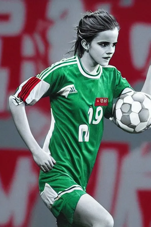 Image similar to emma watson as lokomotiv football player, hyper realistic, highly detailed