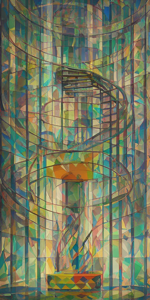 Prompt: a beautiful art nouveau glass temple, with stairs, by sonia delaunay, octane render, hyper realistic
