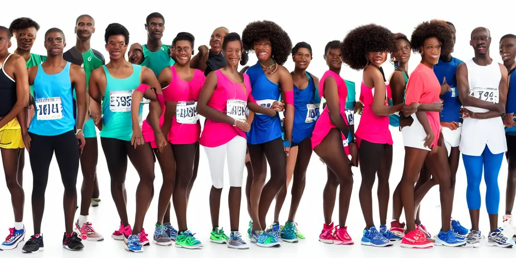 Image similar to Studio Photograph of starting line of many diverse marathon runners. multiple skintones. Frontal. Shot on 30mm Lens. Advertising Campaign. Wide shot. Fashion Studio lighting. White background.