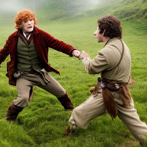 Image similar to bilbo baggins fighting harry potter in an open field, high definition, high quality, atmospheric, fantasy, magic