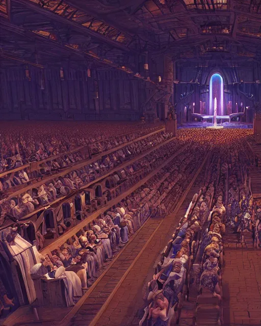Image similar to fantasy movie scene digital matte painting of a crowd in a futuristic church by craig mullins and ghibli, strong contrast, priest, pews, ethereal, inviting, bright, raking light, unreal engine 5, hyper realism, realistic shading, cinematic composition, blender render, octane render, hdr, detailed textures, photorealistic, wide shot