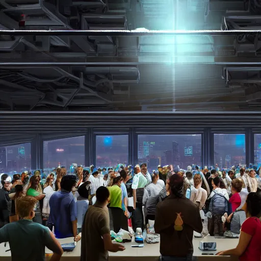 Image similar to large group people in a huge warehouse, looking at hologram of futuristic city on a table | cinematic concept art | sunlight godrays | 4 k | clear details | tabletop model | tabletop model | hologram foreground