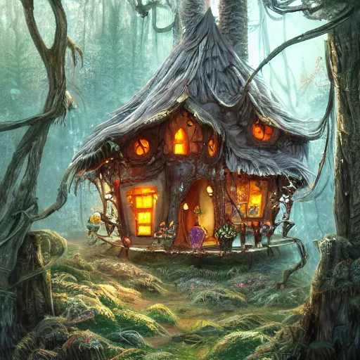 Image similar to a storybook illustration of a ramshackle multistory fairytale hut in the forest, intricate, elegant, atop chicken legs, in forest, fantasy, highly detailed, digital painting, concept art, sharp focus, trending on artstation