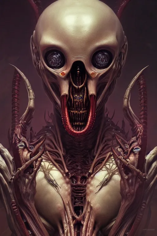 Image similar to ultra realistic, human alien predator hybrid, gothic, fantasy, flesh, bone, body horror, intricate details, eerie, highly detailed, octane render, 8 k, art by artgerm and alphonse mucha and greg rutkowski