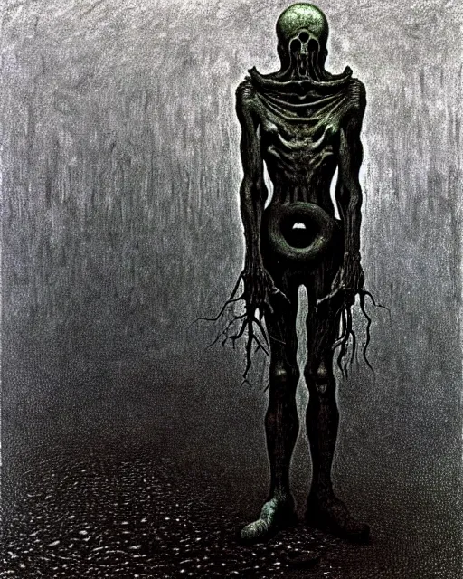 Image similar to full-body creepy realistic central composition, a decapitated soldier with futuristic elements. he welcomes you into the fog with no head, dark dimension, empty helmet inside is occult mystical symbolism headless full-length view. standing in ancient gate eldritch energies disturbing frightening eerie, artwork by Salvador Dali, Beksiński, Van Gogh and Monet.