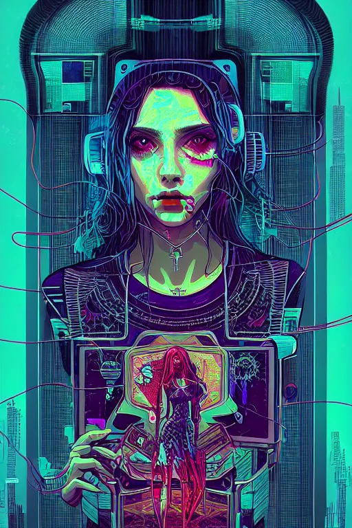 Image similar to dreamy cyberpunk girl, abstract mirrors, digital nodes, beautiful woman, detailed acrylic, grunge, intricate complexity, by dan mumford and by alexandros pyromallis intaglio