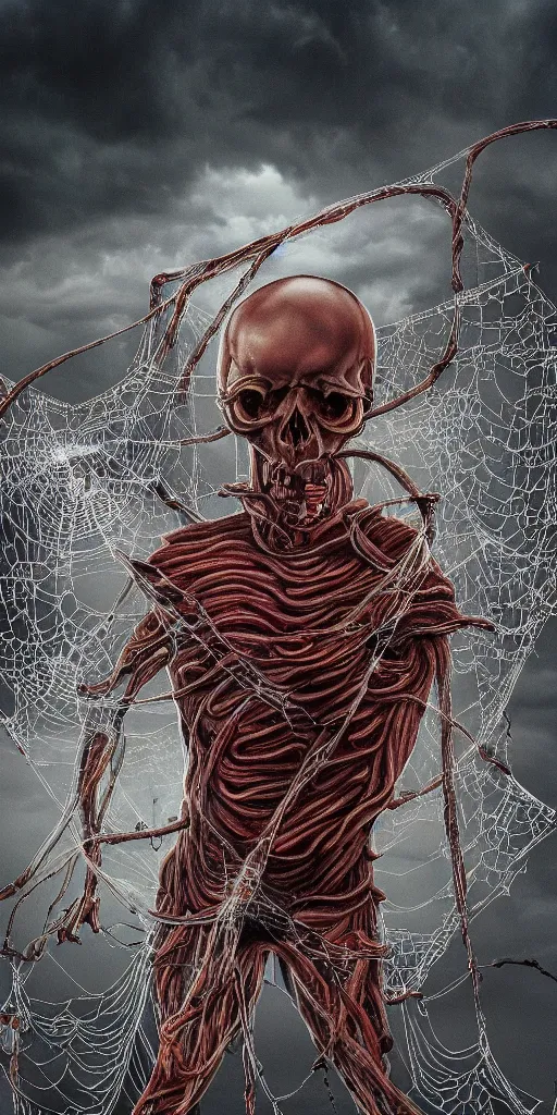 Image similar to a photorealistic giant skull wrapped in intestines, swarming with insects, in a giant spiderweb, ominous stormclouds, heavy rain and lightning, guro art, body horror, art by Shintaro Kago, 4K, cinematic, surreal LUT, epic lighting, photography, UHD, HDR