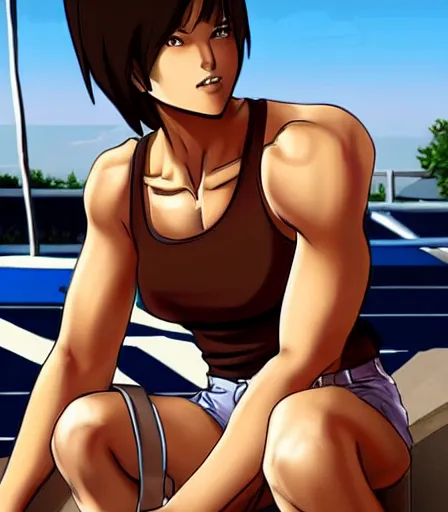 Prompt: Brown hair, blue tank top and shorts, muscular anime woman in the style of stanley artgerm