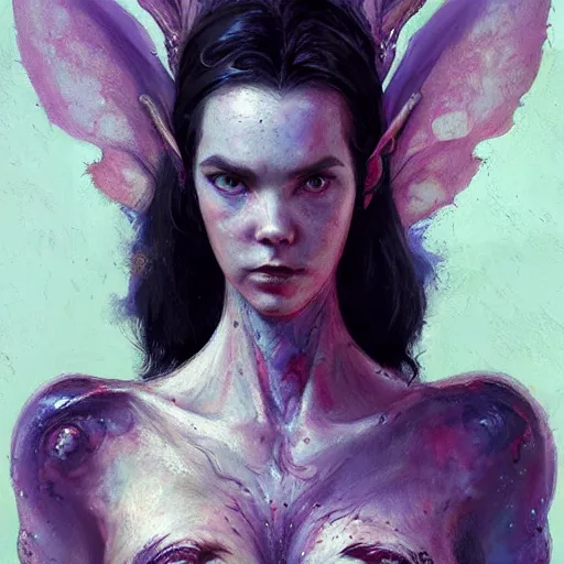 Image similar to alien dark fae girlboss based on jennifer connelly mixed with anya taylor - joy, bumpy mottled skin, big black feathered wings instead of arms, body horror, expressive oil painting, by yoshitaka amano, by greg rutkowski, by jeremy lipkinng, by artgerm, digital art, octane render