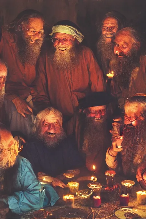 Image similar to a widescreen colorchrome photo of a cabinet full with old laughing happy old men with long hair, long beards, candle light, by steve mccurry