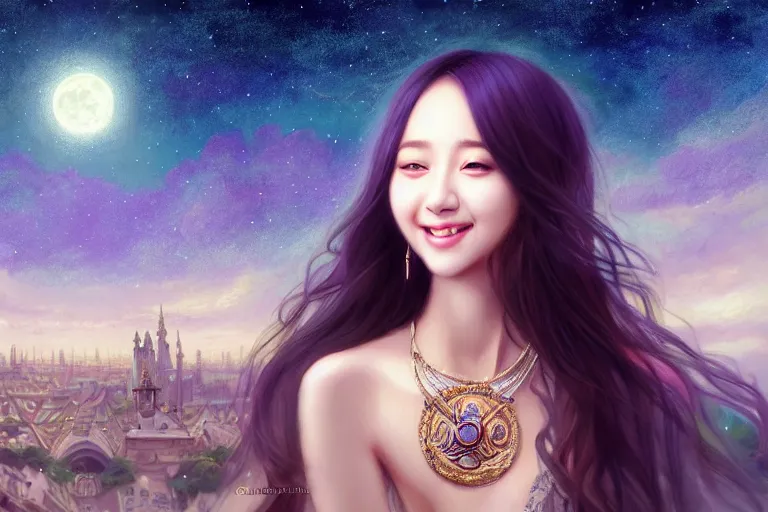 Prompt: masterpiece portrait charming and miracle female luxury astromancer boho accessories in dreamlike movie, kpop, big smile, high detailed face, art by artgerm, greg rutkowski, sasoura, satchely, big major starry sky and city in background, uhd, medium long shot, fantasy, twlight, no distorsion, sharp focus, sun, moon