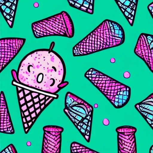 Prompt: happy smiling pink ice cream cone, blue waffle cone digital painting, intricate, high definition