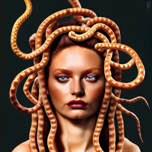 Image similar to medusa with sausages instead of snakes, sausage hair, photorealistic, illustration, intricate details, masterpiece, digital art, trending on artstation