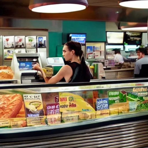 Prompt: Photo of Gal Gadot working the counter at Subway.