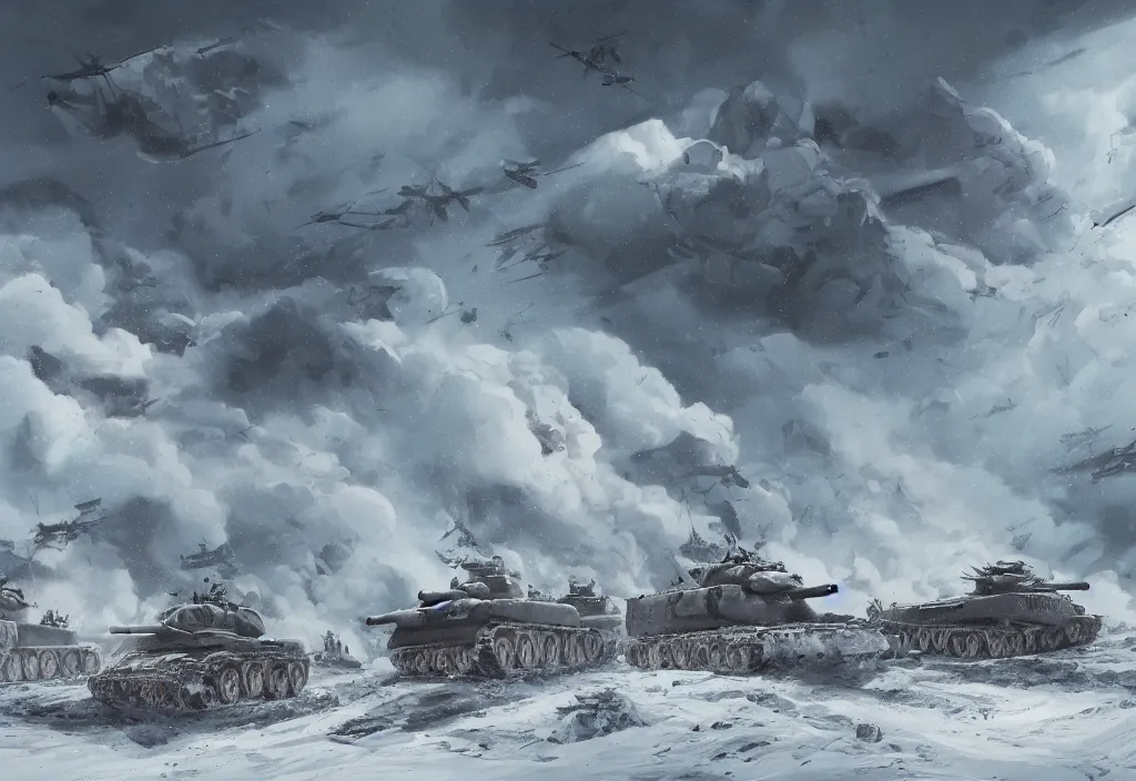 Prompt: handmade illustration of an epic and dramatic World War II war winter scene with german and soviet tanks involved firing each others, a very few soldiers running, blue sky with dramatic clouds with a snow storm, some mist grey smoke and fire, explosions, line art, ink, ol on canvas by Kilian Eng and by Jake Parker, heavy brushstrokes, winning-award masterpiece, fantastic, octane render, 8K HD Resolution, High quality image