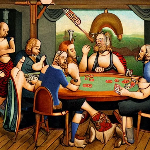 Image similar to Nordic Gods playing poker, detailed