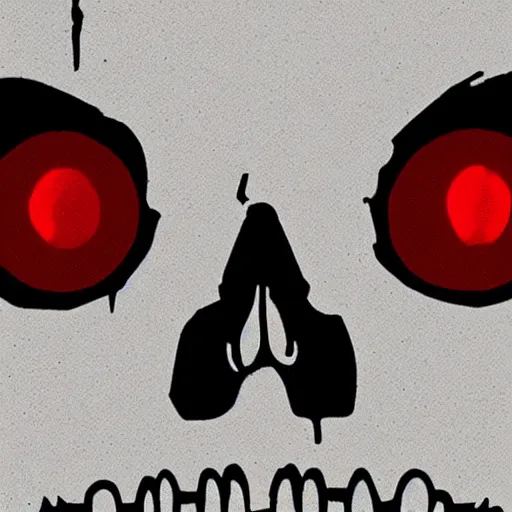 Prompt: minimalist logo of a skull with red eyes like the terminator (1984), gritty atmosphere, oppressive