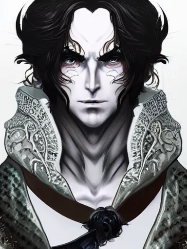 Prompt: a man's face, baroque style, elegant, beautiful, mesmerizing, concept art, fancy clothing, highly detailed, artstation, behance, deviantart, inspired by innocent manga, inspired by castlevania concept art, trending, ayami kojima, shinichi sakamoto